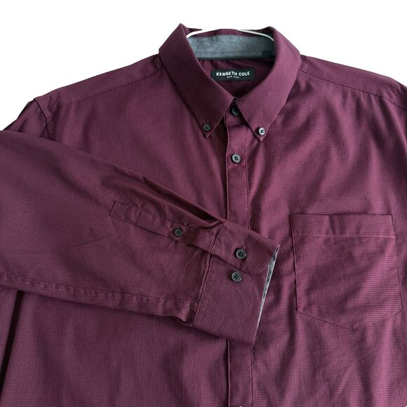 Mens Kenneth Cole Dress Shirt Burgundy Micro Checked Button Down Stretch Sz XL - Picture 1 of 9